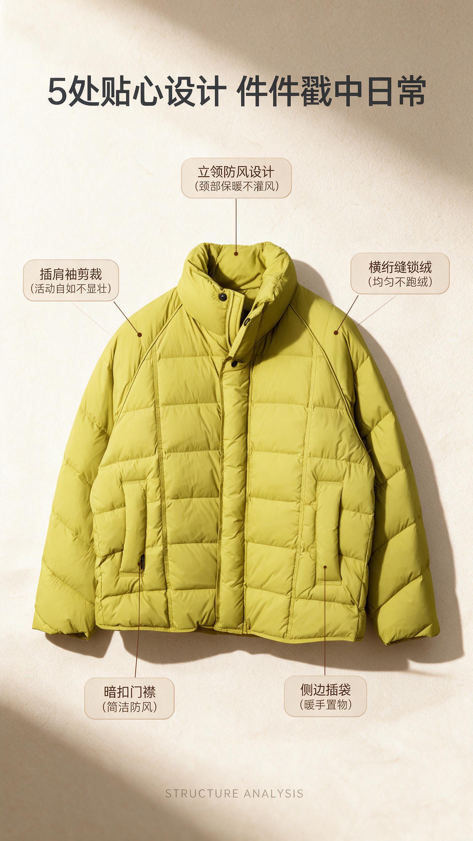 [商品] 使用【图1】芥末黄立领短款羽绒服；商品处理：保留立领… - 图片创意预览