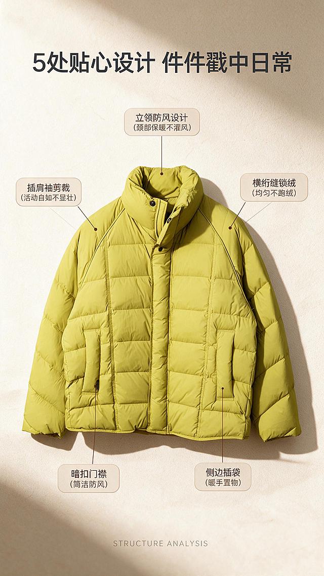 [商品] 使用【图1】芥末黄立领短款羽绒服；商品处理：保留立领、暗扣门襟、插肩袖、横绗缝结构、双侧口袋、芥末黄颜色和蓬松羽绒面料；自然去除衣身杂乱褶皱与压痕，理顺垂坠，增强羽绒蓬松感、面料肌理、缝线和五金质感，不改变版型和结构。
[画面] 目标：版型结构解析页，用引线标注拆解核心设计点。构图：居中正面全貌展示，羽绒服占画面65%，四周引出细线标注关键结构；背景为暖米白渐变，底部有柔和投影。景别：正面中景，完整展示衣长、肩线和下摆。阅读动线：从中心产品向四周扩散阅读。前中后景：产品主体层、引线标注层、背景肌理层。
[视觉] 套系策略：风格=国内电商高级感服饰商业摄影，暖调简约；标题字=现代无衬线粗体中文，字重加粗；正文字=简洁无衬线体；主色=芥末黄+暖米白；背景延展=基于暖米白做深浅层级、同色渐变和细腻纸张/织物质感；强调色=深棕褐，仅用于小面积图标、引线和标签；标题色=深炭灰；正文色=中暖灰；组件=圆角浅底信息卡、细线引线、轻量英文装饰；光影=左前侧暖柔光，柔和自然阴影。
[文字] 顶部主标题「5处贴心设计 件件戳中日常」；引线标注5处：立领防风设计（颈部保暖不灌风）、插肩袖剪裁（活动自如不显壮）、横绗缝锁绒（均匀不跑绒）、暗扣门襟（简洁防风）、侧边插袋（暖手置物）；底部小号英文「STRUCTURE ANALYSIS」；所有文字横排，标注不遮挡产品核心结构。
[规格] 图片比例9:16竖版，分辨率2K，避免变形、错字、文字过小、冷蓝背景、衣服颜色改变、版型失真、白底孤立、极限词。