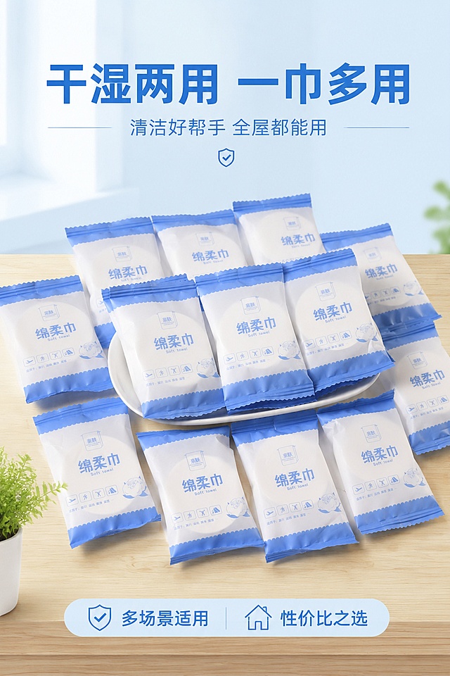 使用商品详情页技能根据商品图「图片1」「图片1」「图片1」生成详情页，参考图为，商品名称为干湿巾，卖点为干湿两用一巾多用，干擦除尘湿擦去油 加厚棉柔无纺布，不掉絮拉扯不易破 无刺激不含荧光剂，母婴敏感肌放心用 吸水吸油强，厨房家务清洁超省心 一次性免清洗，用完即扔不滋生细菌 便携抽取包装，居家外出随时随地用 替代纸巾抹布洗脸巾，性价比拉满，适配平台为淘宝/天猫，图片比例为2:3，需求屏数为7张，