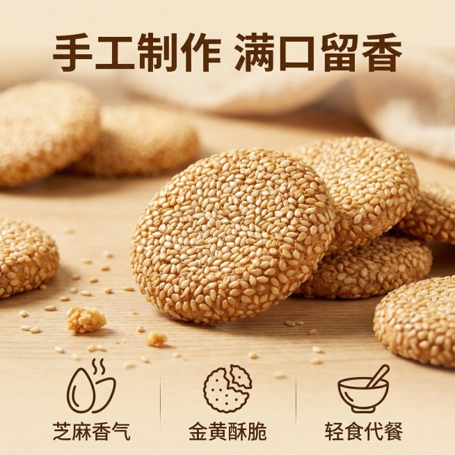[主图 2 核心卖点修改]
[主图主题] 芝麻小圆饼核心卖点展示
[氛围/风格] 暖色调自然治愈风格，柔和自然光，突出品质感
[画面元素] 微距特写展示芝麻小圆饼表面满满芝麻颗粒质感，产品为扁扁小圆饼预览效果
