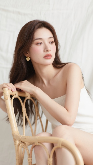 半身构图，东亚女性侧坐于浅色藤编椅上，左手肘轻搭椅背，指尖漫不经心地缠绕一缕深棕色长发，右手自然垂落膝头。自然野生眉下，眼尾微微下垂的棕色眼眸如浸在清泉中的琥珀，内眼线仅在眼尾处微微上扬如蝶翼轻颤，自然裸棕色眼影晕染出渐变层次，根根分明的纤长睫毛在眼睑下投下淡淡阴影。眼下腮红如晨雾般朦胧，裸粉色哑光唇釉在唇角勾起含蓄弧度，单边金色圆形耳环垂在白皙颈侧。柔和顶光勾勒出优美肩线与锁骨凹陷，发丝垂落……预览效果