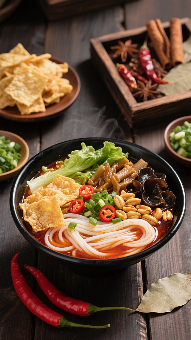 一碗热气腾腾的螺蛳粉，装在黑色的碗中，碗里有洁白的米粉、金黄酥脆的炸腐竹、嫩绿的生菜、棕色的酸笋、黑色的木耳、黄色的花生、红色的辣椒圈，汤汁浓郁红亮，撒有翠绿的葱花。碗放在深色木质桌面上，周围摆放着装有切碎的葱花的小碗、一盘炸腐竹、一个装有干辣椒、八角、桂皮等香料的木盒，还有两根鲜红的完整辣椒和几片香叶，整体画面色彩丰富，光影温暖柔和，营造出诱人的美食氛围，突出螺蛳粉的丰富配料和地道风味。
