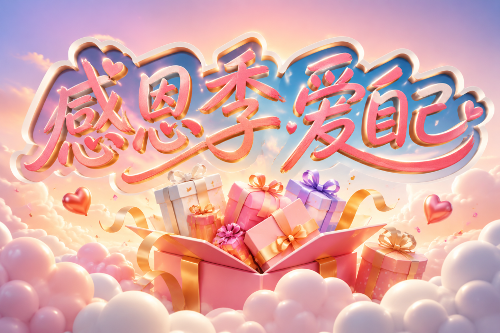 横幅设计，横板显示主标题“感恩季 爱自己”，手写艺术风格，立体感强，主标题下方是立体感的打开的一堆礼盒，礼盒下方是C4D建模质感的云朵，字体背景做镂空处理预览效果