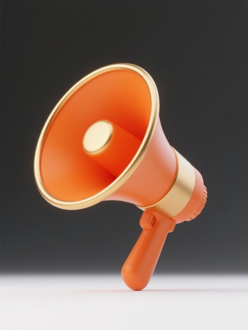 简约现代风格3D渲染喇叭图案，纯橙色主体搭配金色金属质感边缘与喇叭口内侧，哑光与高光对比鲜明，喇叭筒呈流畅的扩音器形状，底部有握柄设计，整体造型简洁圆润，置于纯白色纯色背景中央，无文字、无logo、无水印，画面干净整洁，视觉层级清晰，信息传达高效。预览效果