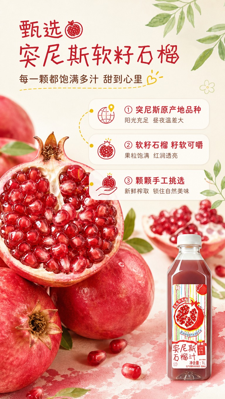 [商品] 使用【图1】统业突尼斯石榴汁1L装透明瓶，缩小置于画… - 图片创意预览