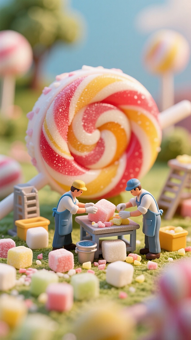 巨大的糖果为视觉中心，工人在对散落的糖块加工