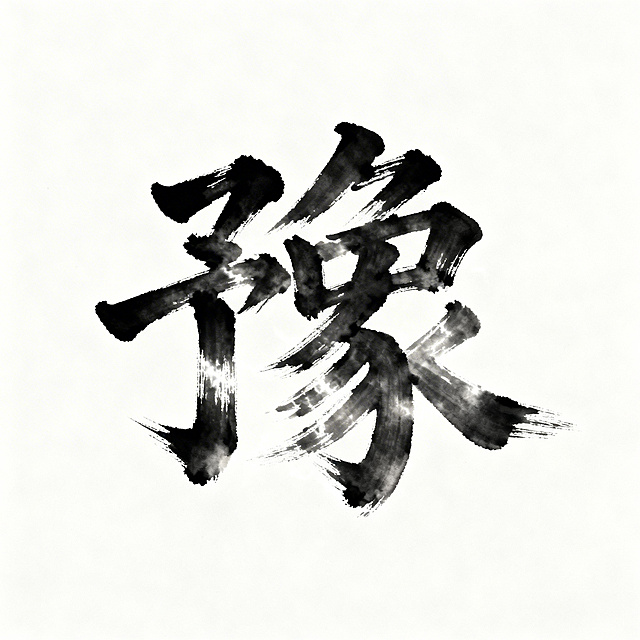 单个汉字"豫"的毛笔书法艺术字，大气苍劲的中国风毛笔字体，笔触富有飞白肌理，传统水墨风格，干净留白背景突出字体