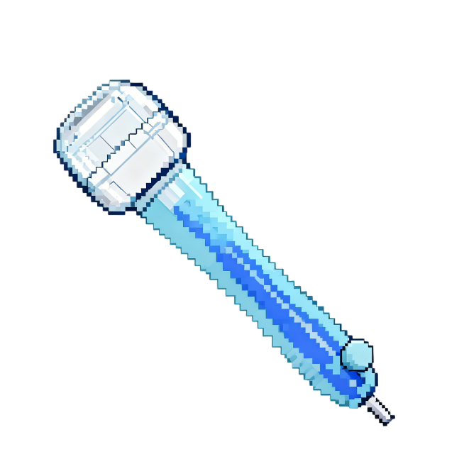 将图中的笔改成8bit像素风格，保持原有蓝白透明配色和造型不变，白色背景不变预览效果