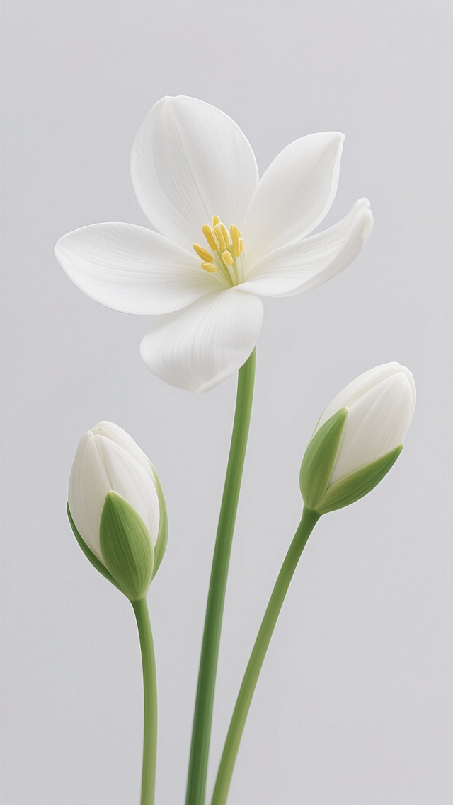 一张白色背景的插画，画面中有三朵白色的花。其中一朵花已经完全开放，花瓣呈现出优美的弧度，花蕊是黄色的，散发着淡淡的光泽。另外两朵是含苞待放的花骨朵，绿色的花萼包裹着白色的花瓣，显得十分娇嫩。三朵花的花茎都是绿色的，细长而挺拔，它们在画面中呈现出自然的生长姿态，整体给人一种清新、淡雅、宁静的感觉。