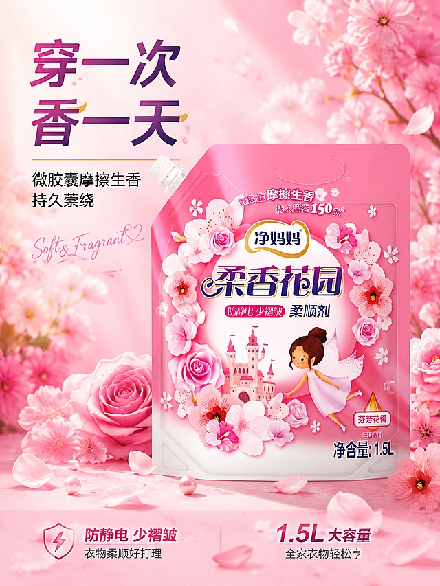 [第1屏] 详情页头图-净妈妈柔香花园柔顺剂新品宣传海报。本屏使用【图1】作为商品主体。
[氛围/风格] 粉色浪漫花园风，温馨柔美，花香氛围感，商业摄影质感，适配抖音/快手电商视觉。
[元素布局] 柔顺剂袋装产品置于画面中央偏右，占比约55%-60%；左侧留标题区，底部为柔粉色花瓣散落的台面；产品周围环绕粉色玫瑰花、樱花、木槿花等花朵元素，花瓣轻盈飘散；产品包装结构、颜色、文字与输入图保持一致，禁止变形或文字错乱。
[光影质感] 左上方柔光照明，右下自然投影，包装表面保留清晰高光，整体明亮通透，花香氛围感强。
[配色色系] 全局底色 #FFE4EC；主色粉色渐变；辅助色白色花瓣、深紫色标题字、金色点缀。
[视角构图] 正面微仰视，产品为视觉中心，阅读动线左上标题 → 中央产品 → 底部信息条。
[文字版式] 版式为左上标题 + 右侧产品 + 底部信息条。主标题「穿一次香一天」，副标题「微胶囊摩擦生香 持久萦绕」，两行黑体字左对齐；标题下手写体英文装饰「Soft & Fragrant」；底部左侧卖点「防静电 少褶皱」，右下角参数「1.5L 大容量」；文字不遮挡产品主体。
[比例分辨率] 3:4 竖版比例，4K 分辨率，文字清晰可辨，高清画质。
[负向提示词] 包装变形，缺件错件，颜色偏差，水印，文字错乱，产品图模糊，背景杂乱，文字过小。