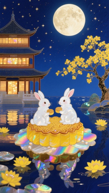 两只可爱白玉兔坐精致大黄月饼上，手持小月饼；深蓝夜空悬满月、缀星光，月下三层中式楼阁透暖光，右有黄花树，左及水面飘黄莲，水面映倒影。暖黄与深蓝交织。预览效果