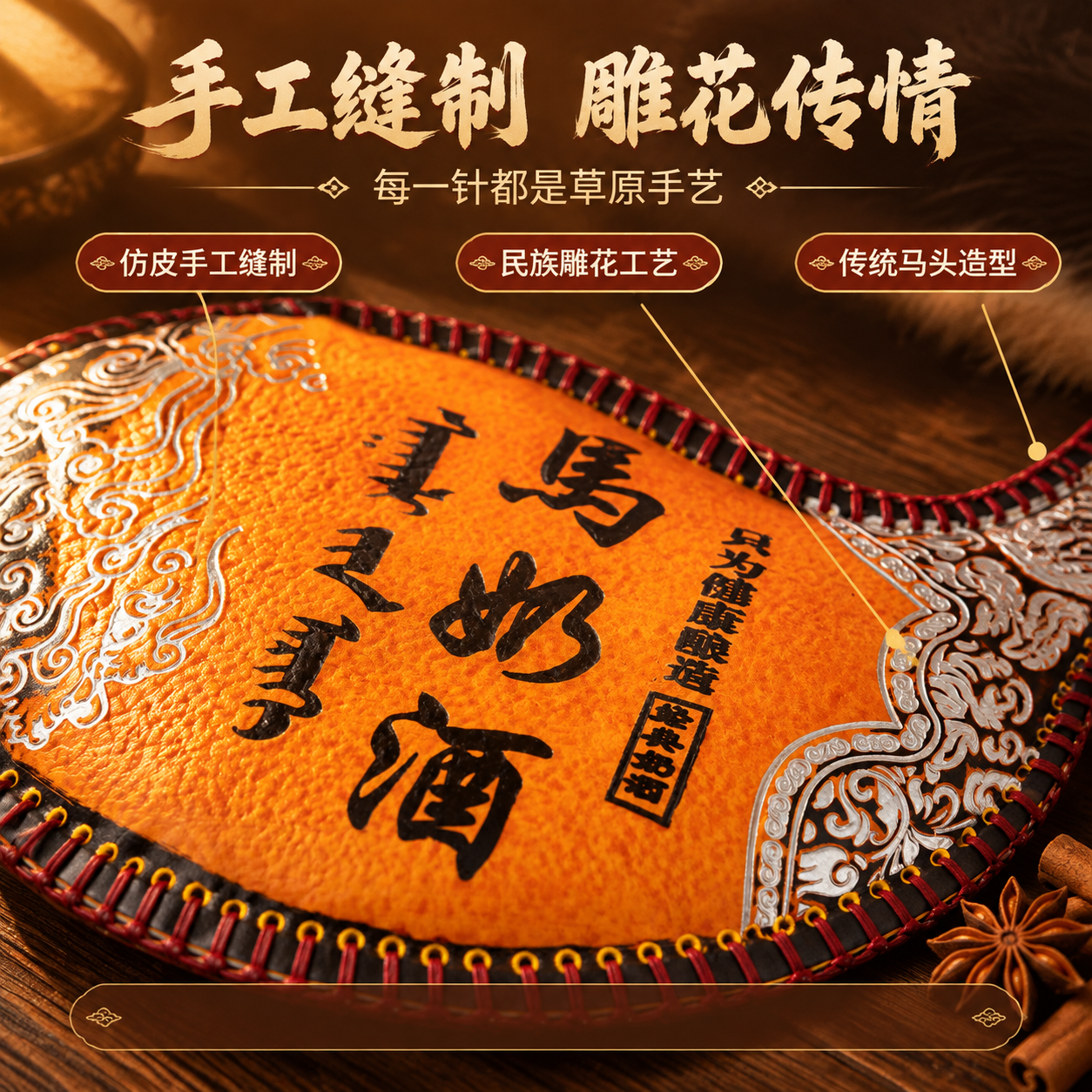 [主图-3] 微距细节工艺页：放大马头皮囊的文字区、红黑缝线与… - 图片创意预览