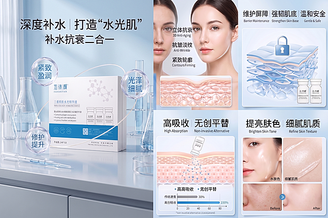 根据此图制作一套产品的天猫级别的详情图，主要从核心功效：补水抗衰二合一，深度补水，打造“水光肌”，抗皱淡纹，紧致轮廓，维护屏障，强韧肌底，提亮肤色，细腻肌质，核心卖点：立体抗衰，高吸收，无创平替、温和安全，通过上面文字内容可以搭配模特脸部和肌肤设计图进行说明，通过图片说明内容，风格按照医美，美容风格，延续图片风格