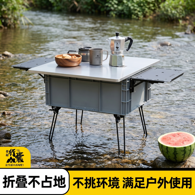 [主图 1] 户外折叠收纳桌场景氛围首图。保持折叠桌外观结构材质颜色与用户提供产品图绝对一致，银灰色桌面灰色收纳箱黑色支架不变形，参考参考图的户外溪流水边露营场景，黄黑撞色卖点排版，大字卖点放在底部。预览效果