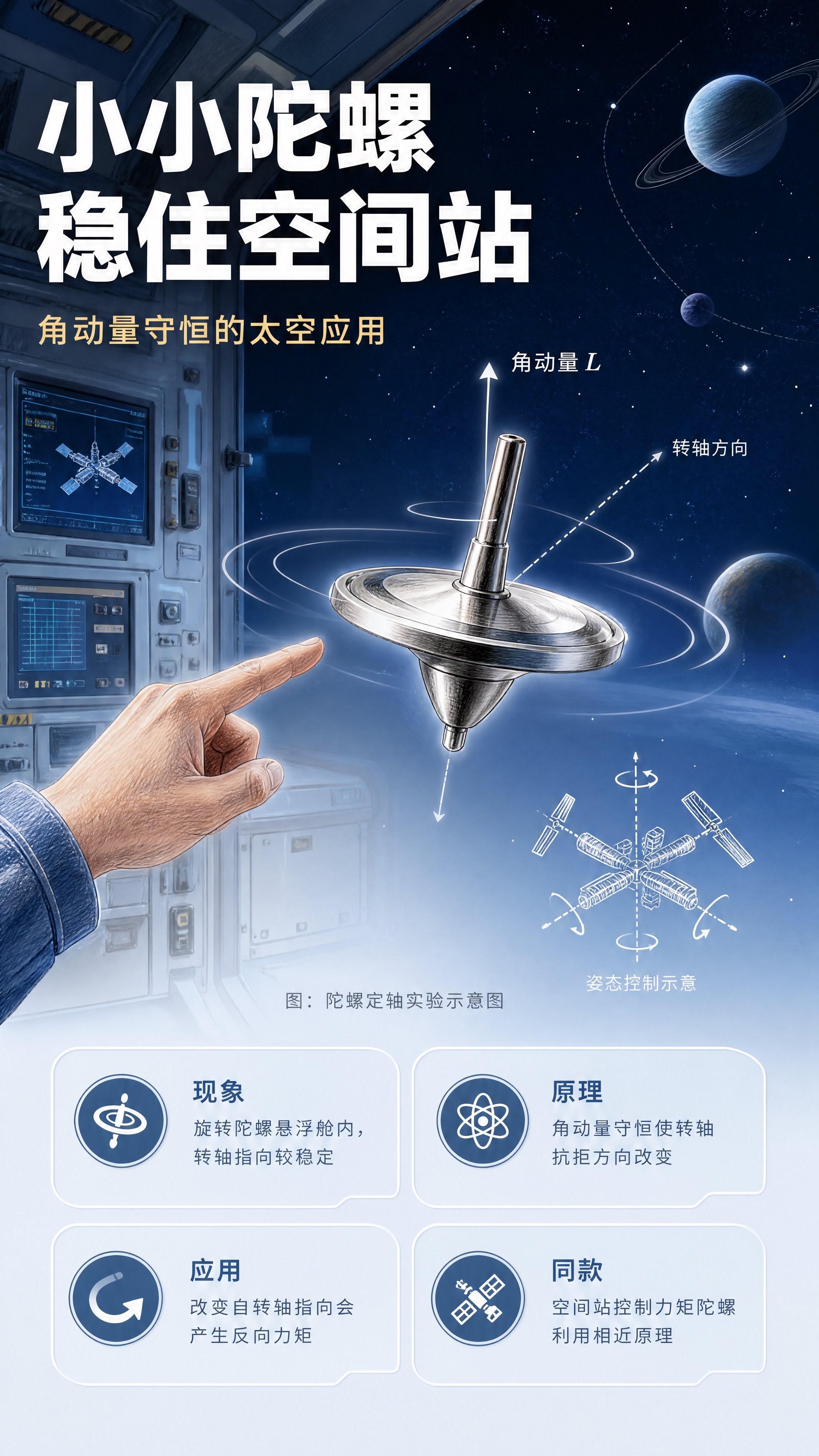 航空航天科普海报第五屏（陀螺定轴实验），竖版9:16。整体风格… - 图片创意预览