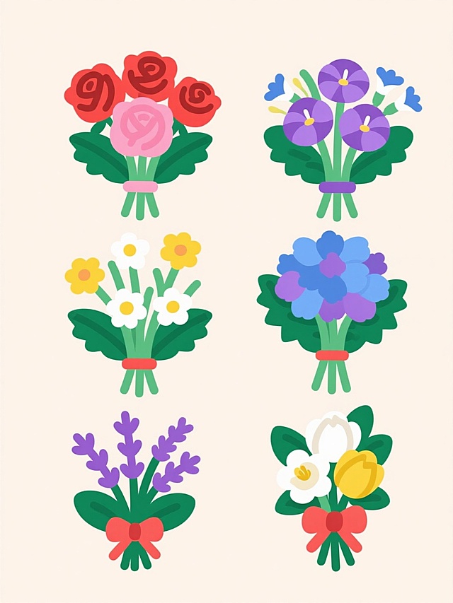 一套六个规整排布的卡通风格花卉束系列插画，每个花束均保持相同的整体造型结构（包含绿色花茎、锯齿边缘绿叶、底部系着蝴蝶结），采用平滑的线条、鲜艳的色彩和简洁的造型，整体呈现出可爱的扁平化设计风格，每个花束分别由不同种类的花朵组成：第一束是红色和粉色的玫瑰花束，第二束是紫色和蓝色的牵牛花花束，第三束是黄色和白色的小雏菊花束，第四束是蓝色和紫色的绣球花花束，第五束是紫色的薰衣草花束，第六束是白色和黄色的栀子花花束，每个花束都有独特的纯色背景，整体画面色彩明快活泼，充满童趣。