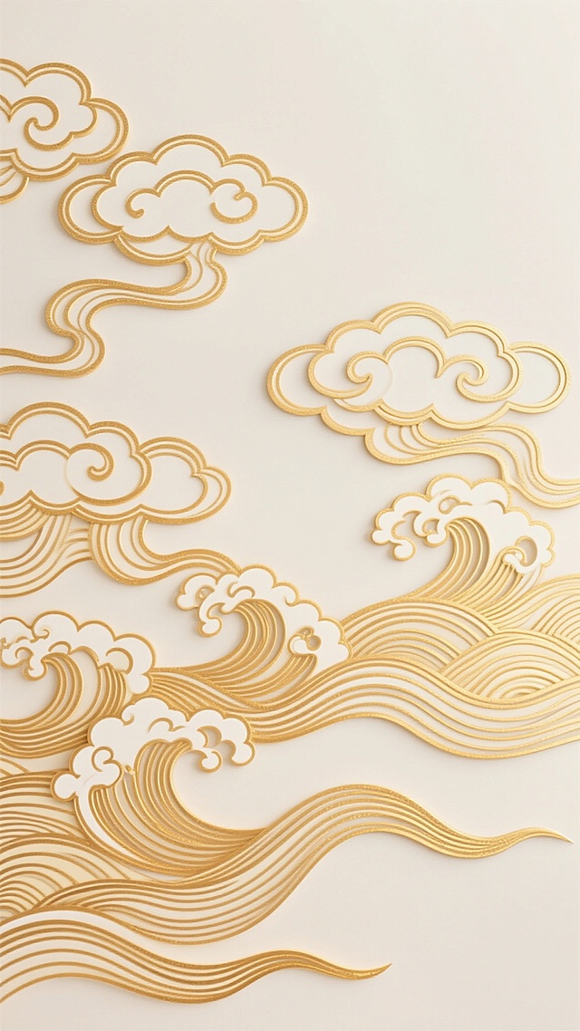 一幅中国传统风格的中秋主题装饰图案，以流畅细腻的金色线条勾勒出层层叠叠、形态优美的祥云和波浪纹样，整体呈现出对称均衡的构图，金色线条在大量留白的米白色背景上显得格外雅致。暖色调的金色祥云象征着吉祥与团圆，波浪纹富有动感，营造出温馨祥和的中秋节日氛围，线条细腻流畅，具有浓厚的传统东方美学韵味，适合作为中秋相关的装饰元素使用。