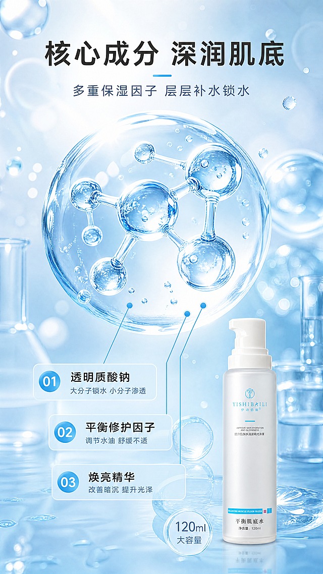 [商品] 本页为成分机理专页，以成分为主视觉，产品小图置于右下角；产品保留【图2】伊诗佰俪平衡肌底水的白色磨砂瓶、蓝色Logo和标签文字，缩小展示。
[画面] 目标：成分与功效展示，核心保湿成分大视觉呈现。画面中央为大型透明质酸钠分子结构3D示意图，占画面约40%，周围环绕水滴、水分子、透明质酸凝胶质感球体。分子结构下方有三条编号引线指向三个功效方向。右下角放置产品小图，占画面约15%。背景为深浅渐变的冰蓝色，有实验室玻璃器皿质感的光晕和光斑。
[视觉] 套系策略：风格=清透水润高级商业摄影风；标题字=现代简约无衬线粗体；正文字=简洁无衬线体；主色=浅冰蓝；背景延展=基于浅冰蓝做径向渐变、分子粒子漂浮、水光光斑；强调色=清透蓝，仅用于分子结构高光、编号标签和引线；标题色=深炭灰黑；正文色=中灰蓝；组件=编号圆点、细线引线、半透明信息卡；光影=中心柔光，分子结构有通透折射感。
[文字] 顶部主标题"核心成分 深润肌底"，副标题"多重保湿因子 层层补水锁水"；三条编号卖点：1号"透明质酸钠"配小字"大分子锁水 小分子渗透"，2号"平衡修护因子"配小字"调节水油 舒缓不适"，3号"焕亮精华"配小字"改善暗沉 提升光泽"；右下角产品旁标注"120ml大容量"；成分分子元素占主画面50%以上，文字均为横排。
[规格] 图片比例9:16竖版，4K，避免变形、错字、文字过小、医疗功效表述、虚假成分承诺、分子结构过小。