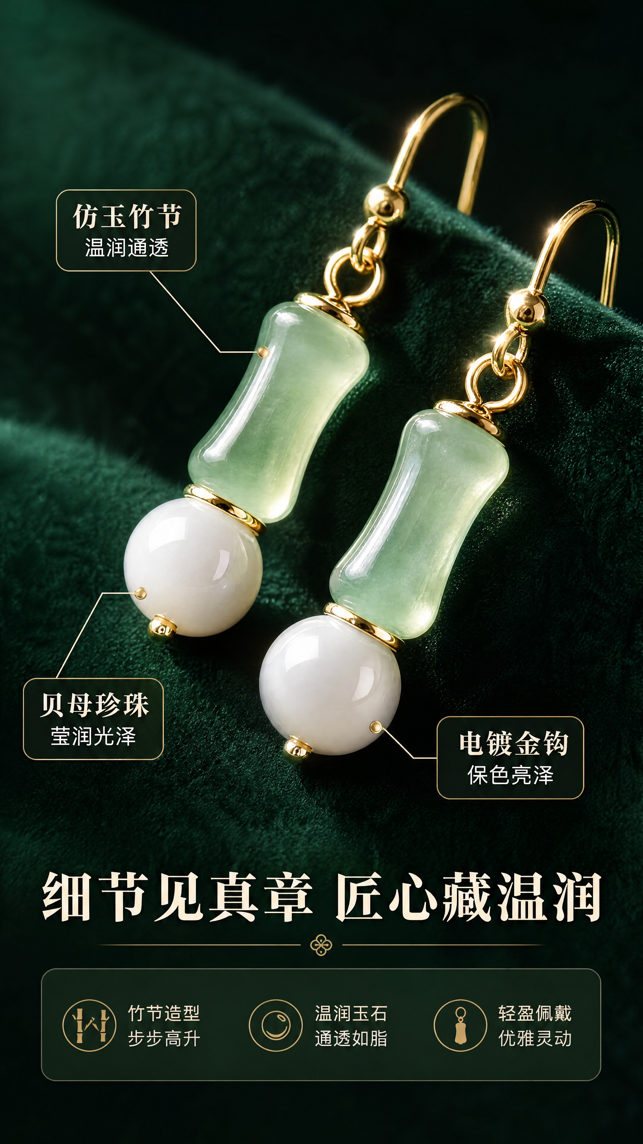 [商品] 使用【图1】节节高升耳环；保留竹节形浅绿色仿玉珠、白… - 图片创意预览