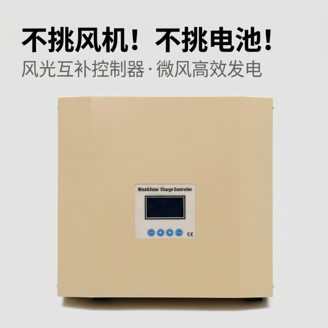 基于原产品图生成淘宝主图，保留原米黄色风光互补控制器外观与颜色完全一致，产品居中展示，米白色壳体质感清晰锐利，背景为干净浅灰色，产品主体占比约60%。主标题文案“不挑风机！不挑电池！”使用黑色粗体无衬预览效果