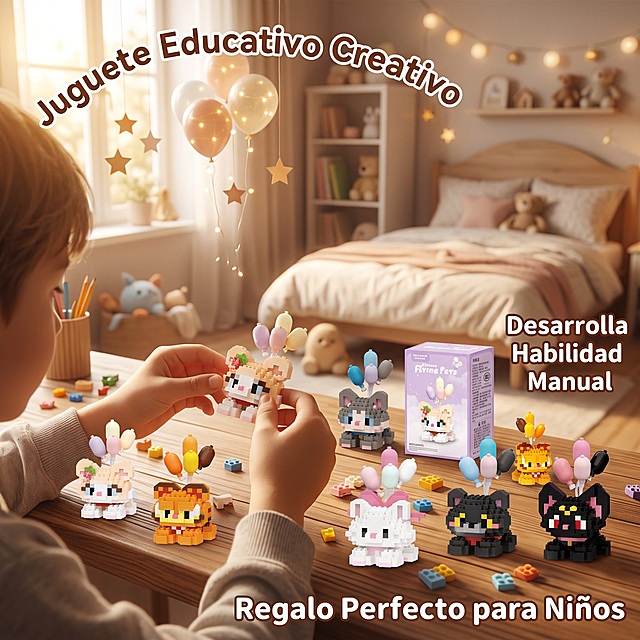 Amazon cross-border e-commerce main image, 1:1 ratio, lifestyle scene of MEKANSM Kittens Flying Pets building blocks, show a child's hands assembling the cute cat micro blocks on a wooden desk, with finished kitten figures displayed around, warm cozy bedroom background with soft natural light from window, dreamy atmosphere with floating balloon decorations, emphasize fun and educational value, no white background, Spanish text on image: "Juguete Educativo Creativo", "Desarrolla Habilidad Manual", "Regalo Perfecto para Niños", warm and inviting tone, professional Amazon lifestyle main image