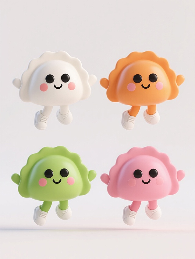 系列素材集合，规整排布四个完全不同颜色的卡通饺子角色，保持3D立体风格、圆润可爱造型、Q版比例、光滑材质和明亮光影效果，每个饺子均有黑色大眼睛、微笑嘴巴、腮红、手臂和穿着白色鞋子的小脚，动态为跳跃姿态，从左到右依次为纯白色饺子配白色纯色背景、橙色饺子配橙色纯色背景、绿色饺子配绿色纯色背景、粉色饺子配粉色纯色背景，整体构图对称平衡，视觉统一。