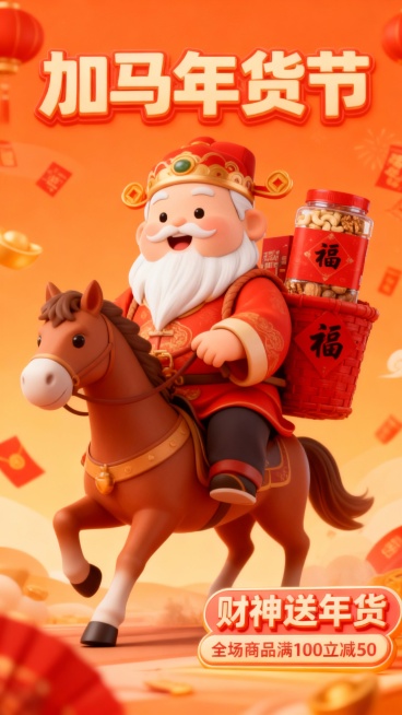 3D卡通风格，Q版骑着骏马的胖财神爷形象（白长胡须），图中主体被装在财神身上背着的红色竹篓里。橙红色渐变背景，点缀漂浮的喜庆感春节元素，暖色调。顶部标题“加马年货节” 大字字体（字体轻微变形），右下角预览效果