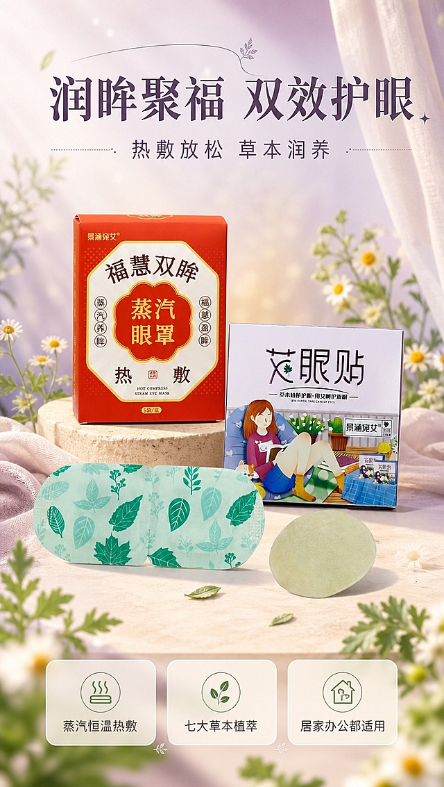 [商品] 使用【图1】蒸汽眼罩（红色福慧双眸包装盒+浅绿叶片纹眼罩实物）与艾眼贴（白色插画包装盒+圆形浅米色眼贴实物）全家福；保留两款包装的颜色、图案、Logo、文字、盒型比例与眼罩、眼贴的材质形态，不改变产品核心包装识别；两款产品自然摆放在一起，形成组合套装视觉。
[画面] 页面目标：头图海报，突出蒸汽眼罩+艾眼贴双效组合，主打热敷放松与草本润养。构图：居中偏上产品组合，蒸汽眼罩盒与艾眼贴盒错落摆放，前方露出眼罩和眼贴实物，形成前后层次；产品占画面约55%。阅读动线：顶部主标题→中部产品→底部副标题与卖点。前中后景：前景柔和光斑与草本叶片点缀，中景产品主体，后景浅紫+暖米色渐变柔雾背景，加入艾草、野菊花等草本元素虚化烘托。
[视觉] 套系策略：风格=温柔草本养生风商业摄影；标题字=柔美宋体粗体；正文字=简洁无衬线体；主色=浅紫色+莫兰迪绿+暖米色；背景延展=基于浅紫与暖米色做柔雾渐变、同色深浅层级和细腻纸张/纱质质感；强调色=莫兰迪艾草绿，仅用于小面积图标、引线和标签点缀；标题色=深紫灰；正文色=中暖灰；组件=圆角浅底信息卡、细线引线、草本叶片装饰；光影=左前侧暖柔光，柔和漫射，阴影轻淡。
[文字] 顶部居中主标题「润眸聚福 双效护眼」，副标题「热敷放松 草本润养」；底部3个短卖点胶囊：「蒸汽恒温热敷」「七大草本植萃」「居家办公都适用」；文字区不遮挡产品包装主视觉与品牌名。
[规格] 淘宝/天猫详情页，单屏比例9:16竖版，4K分辨率，无水印，无平台Logo，无极限词，避免变形、错字、文字过小、冷蓝灰背景、包装文字错乱。