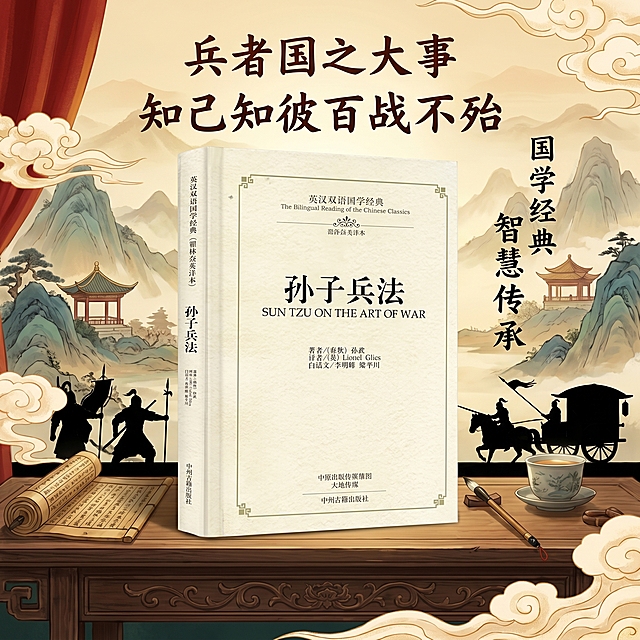 生成一张《孙子兵法》英汉双语国学经典书籍的宣传海报，保持书籍主体，搭配国风古典背景，突出书籍主题，风格典雅大气