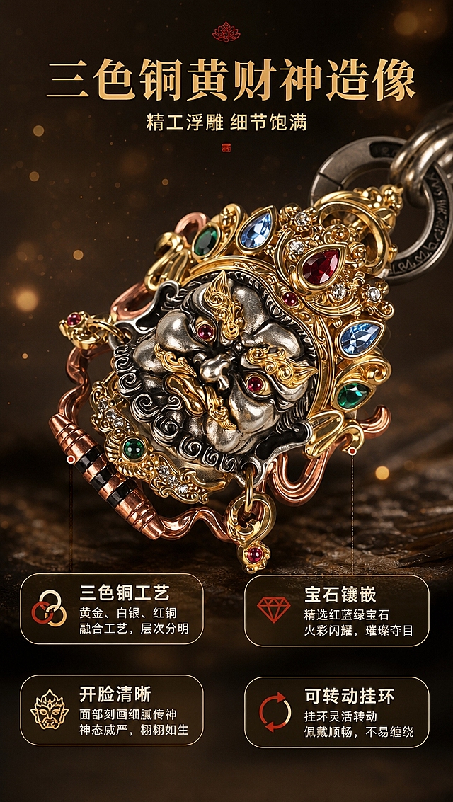 [商品] 使用【图5】黄财神吊坠特写；保留三色铜工艺（金、银、红铜色）、宝石镶嵌（红、蓝、绿宝石）、面部开脸、皇冠造型、卷须纹理、连接环结构；增强金属浮雕质感与宝石光泽，清晰展示细节纹理，不改变吊坠结构和颜色。
[画面] 页面目标：黄财神吊坠细节展示，突出工艺质感与造像细节。构图：竖版，吊坠位于画面中央偏上，占画面60%，斜向展示最佳角度。景别：微距特写。前景为吊坠主体清晰锐利，背景为深棕渐变虚化，点缀细微金粉光斑。阅读动线：从上至下，上方标题，中部吊坠大特写，下方左右分布细节标注。
[视觉] 套系策略：风格=国风禅意高级商业摄影；标题字=国风宋体粗体；正文字=现代无衬线体；主色=暖金+深棕；背景延展=深棕到黑的渐变暗调，细腻质感；强调色=朱砂红，仅用于小面积标注点和图标；标题色=暖金色；正文色=浅米白；组件=细金线引线标注、小圆点标注、圆角小信息卡；光影=侧上方暖硬光，突出金属浮雕立体感，宝石有明显火彩反光。
[文字] 上方主标题「三色铜黄财神造像」，副标题「精工浮雕 细节饱满」，画面下方用引线标注4个细节：「三色铜工艺」「宝石镶嵌」「开脸清晰」「可转动挂环」，文字不遮挡吊坠面部主体。
[规格] 图片比例9:16竖版，4K分辨率，淘宝/天猫详情页适配，中文文案，避免变形、错字、文字过小、冷蓝背景、吊坠结构失真、绝对化用语。