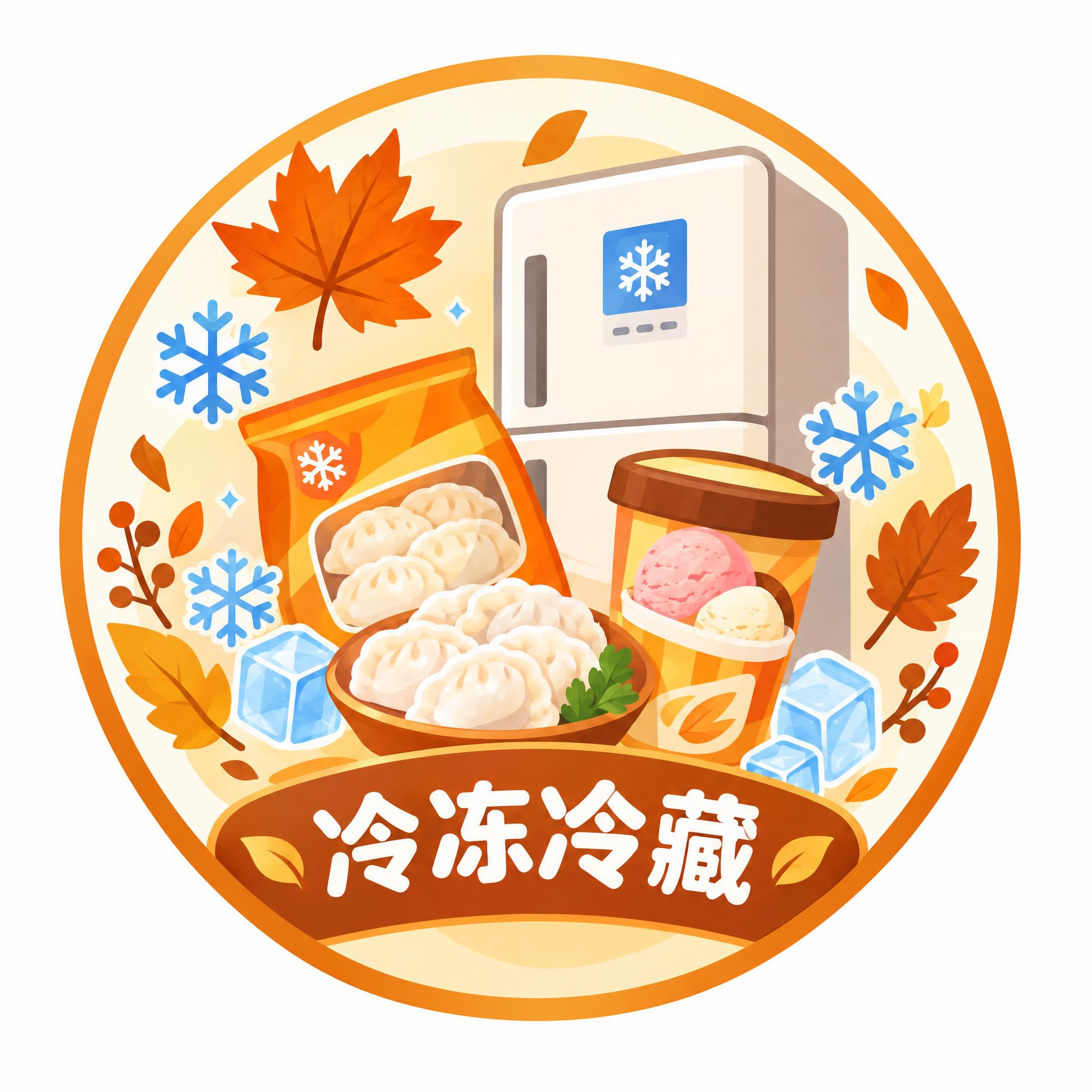 秋天主题分类图标，冷冻冷藏，圆形图标设计，秋季暖色调橙黄金棕色… - 图片创意预览
