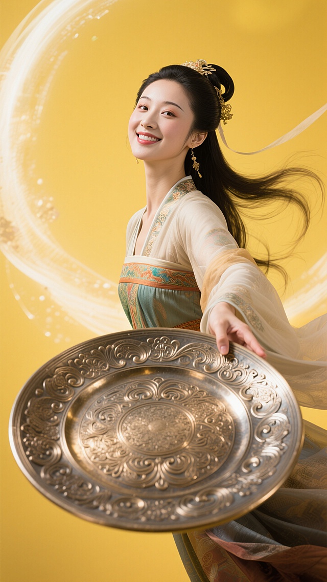 嫦娥（面带微笑）上半身特写，人物看向镜头，右手托着拿着巨大的金属雕花盘子伸向画面前，左手自然向后，强烈的仰视透视感，广角镜头，纯色黄色背景