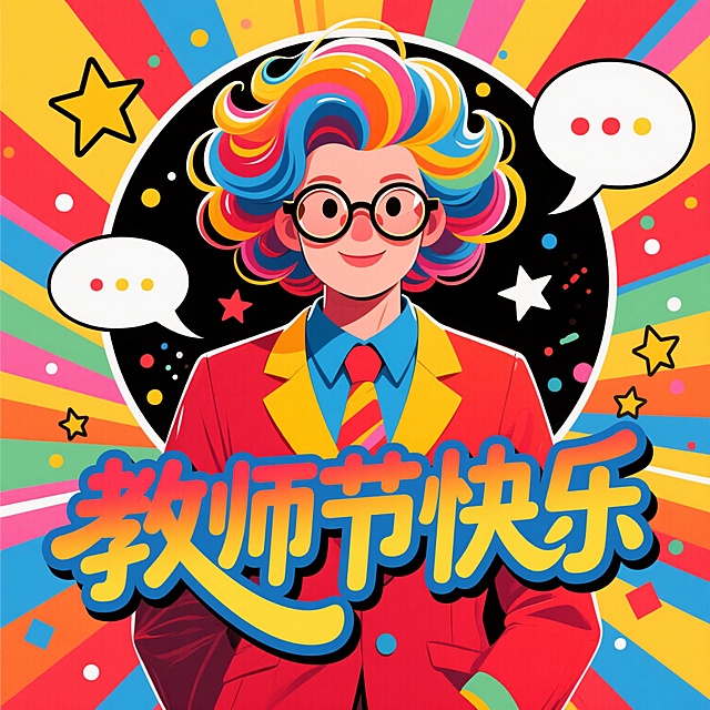 设计一幅波普风格的教师节海报。主视觉采用大胆的色彩对比与几何图案，以一位夸张造型的老师形象为核心（如波浪形头发、复古眼镜、鲜艳服饰），背景填充漫画式对话框、星形光点、彩色条纹等波普元素。文字部分使用扭曲字体，主标题为‘教师节快乐’，需融入波普风格的色彩渐变与动态效果。整体色调以高饱和度的红、黄、蓝为主，营造充满活力与趣味性的视觉冲击力。