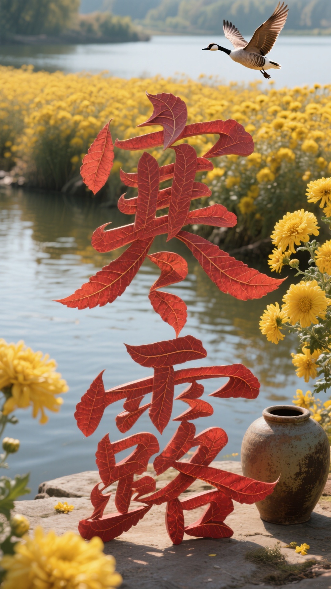 主体为一个由红色叶片扭曲而成的立体艺术汉字“寒露”，背景是河边… - 图片创意预览
