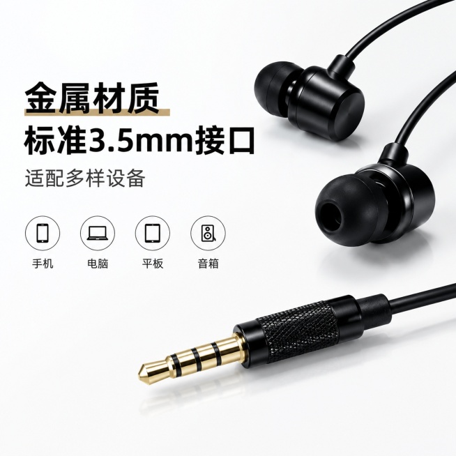淘宝电商主图，黑色高音质有线入耳式耳机，特写展示3.5mm金色接头，卖点标注：金属材质 标准3.5mm接口，适配多样设备，背景简洁干净，1:1比例预览效果