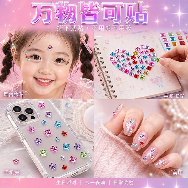 1:1 正方形电商主图，马卡龙清新风结合软萌少女风，背景为甜心粉到香芋紫柔和渐变加星芒闪光。顶部居中主标题 "万物皆可贴"，水晶通透质感大字，粉紫渐变填充带白色细描边和柔和投影；其下副标题 "撕下就贴・不用剪不用胶"，白色纤细无衬线字居中。主体为 2×2 四宫格分镜，四宫格之间的分隔线极细几乎不可见，画面占比拉满饱满，每格场景自然真实、贴在上面的钻尺寸与该场景物品比例严格真实协调：左上格为 3 至 6 岁女童脸部特写，扎公主辫穿浅粉纱裙笑容明亮，眉心一颗 0.8cm 中钻、眼角点缀数颗 0.5cm 小钻，钻的大小符合脸部真实比例，角落细体白字 "舞台脸贴"；右上格为手账本页面特写，页面上用 1cm 大钻、0.8cm 中钻拼出心形图案，钻的大小跟手账本比例真实协调，一只手撕下钻贴正在贴上，角落标注 "手账 DIY"；左下格为透明手机壳背面特写，壳上贴着 0.8cm 和 0.5cm 尺寸的钻，跟手机壳比例真实、bling 反光，角落标注 "手机壳"；右下格为美甲特写，指甲上点缀 0.5cm 小钻，大小贴合指甲宽度真实自然，角落标注 "美甲"。每格中的钻严格还原参考产品的形状、颜色、刻面火彩和 1cm/0.8cm/0.5cm 三种真实尺寸，比例真实自然不夸张。底部横条居中放一行白色细体小标签 "生日派对｜六一表演｜日常奖励"。整体明亮温暖有生活感，分格无粗边框、画面饱满占比高，干净统一软萌甜美。