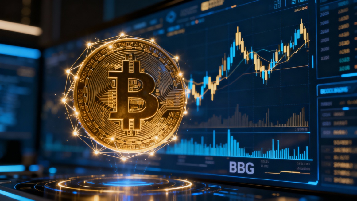 Futuristic crypto exchange background for BBG platform, deep blue and gold color scheme, glowing blo预览效果
