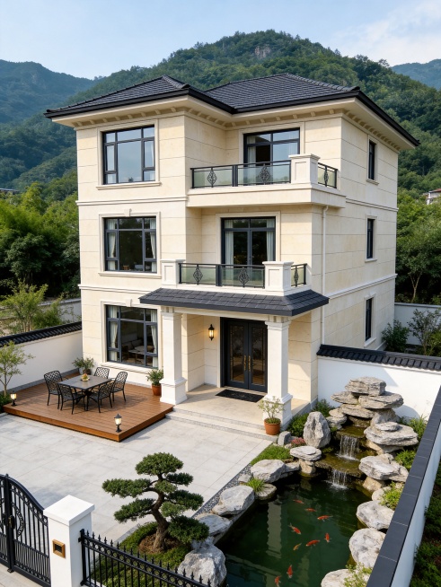 生成新中式风格三层乡墅带内庭院落，浅米黄石材外立面，黑色坡屋顶，院内设计假山鱼池与造型松景观，真实大气高清户外建筑照片预览效果