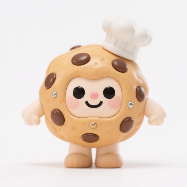 一个可爱的曲奇IP形象，整体呈圆形，表面有巧克力豆装饰，戴着一顶小厨师帽，脸上带着微笑，眼睛是圆形的黑色纽扣，身体两侧有短小的手臂，站立姿势，背景是白色预览效果