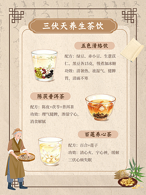 三伏天养生茶饮分享中式水彩插画小红书配图