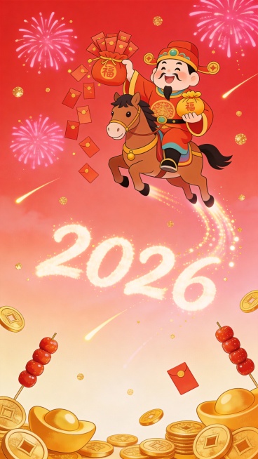 卡通插画风格，喜庆财神爷骑着马在天空飞行，飞行尾迹形成「2026」字样，财神一手拿福袋，一手洒出大量红包，背景是正红到浅红的渐变底色，点缀粉色烟花、金色光斑与流星线条，散落金元宝、铜钱、冰糖葫芦，新春预览效果