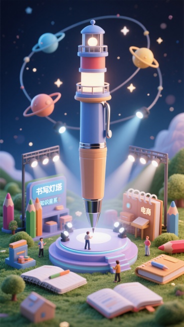 3D微缩风格，星光熠熠的电商舞台，巨型钢笔如“书写灯塔”矗立中央，周围环绕微缩笔记本、彩铅组成的“知识星系”，聚光灯聚焦产品，炫酷科技感预览效果