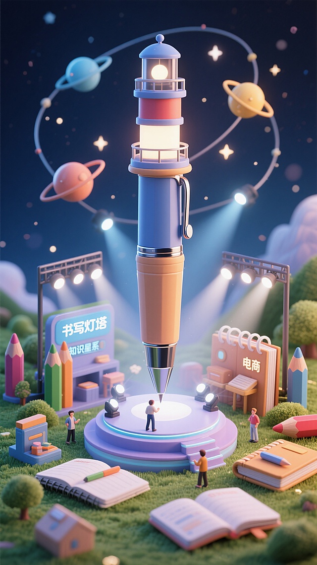 梦幻3D微缩艺术，笔塔照亮知识星系，超现实卡通场景。