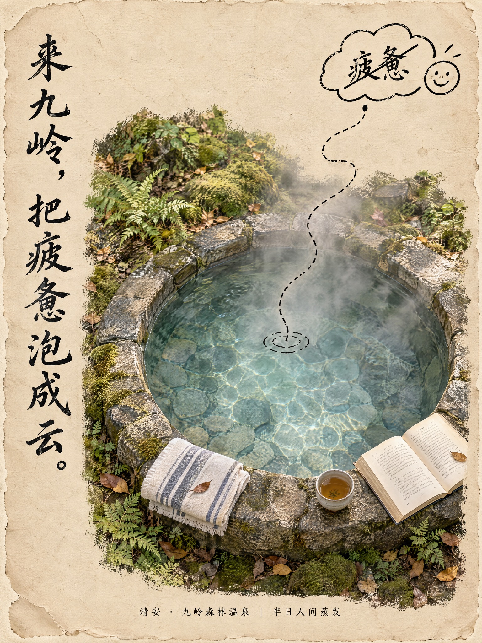 3:4竖版旅游海报，暖米色做旧纸张背景，边缘轻微撕纸质感。画面… - 图片创意预览