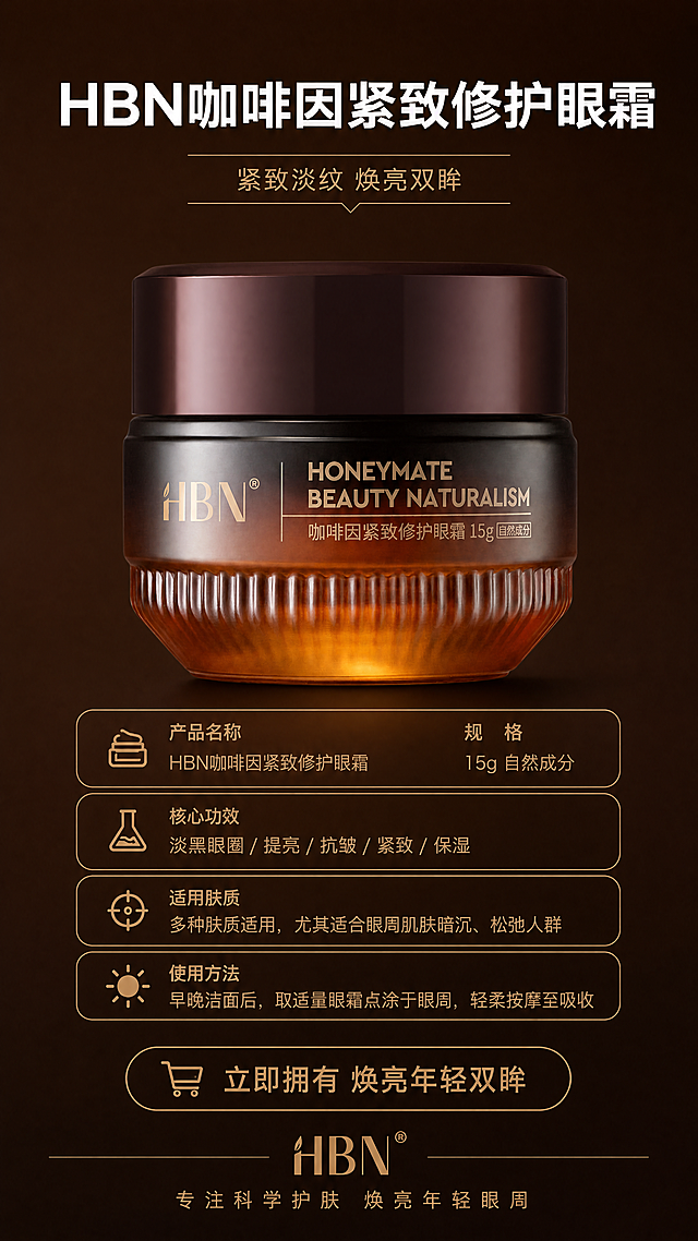 [第8屏] 产品规格与收尾屏-HBN咖啡因紧致修护眼霜15g。延续深棕奢华风格，展示产品完整信息与品牌体验。[氛围/风格] 干净专业信息展示，高级收尾。[元素布局] 中心位置放置完整产品瓶身，保持外观包装文字与原图一致。产品上方主标题，下方放置核心参数和购买提示，底部为品牌标语。[光影质感] 均匀正面打光，产品清晰真实，文字区域明亮，整体干净通透。[配色色系] 全局底色：#3D2314（深棕）；产品保持原图棕褐色渐变，标题白色，参数文字浅金色。[视角构图] 中心构图，产品位于画面中上部，文字信息在下，平衡稳定。[文字版式] 顶部主标题"HBN咖啡因紧致修护眼霜"白色粗体。下方参数：规格「15g 自然成分」浅金色，核心功效「淡黑眼圈/提亮/抗皱/紧致/保湿」浅金色。底部品牌标语"专注科学护肤 焕亮年轻眼周"浅金色文字搭配品牌名。文字清晰不遮挡产品。[比例分辨率] 9:16竖版比例，4K分辨率，文字清晰可读。[负向提示词] 产品变形，包装文字错乱，文字模糊，背景杂乱，水印