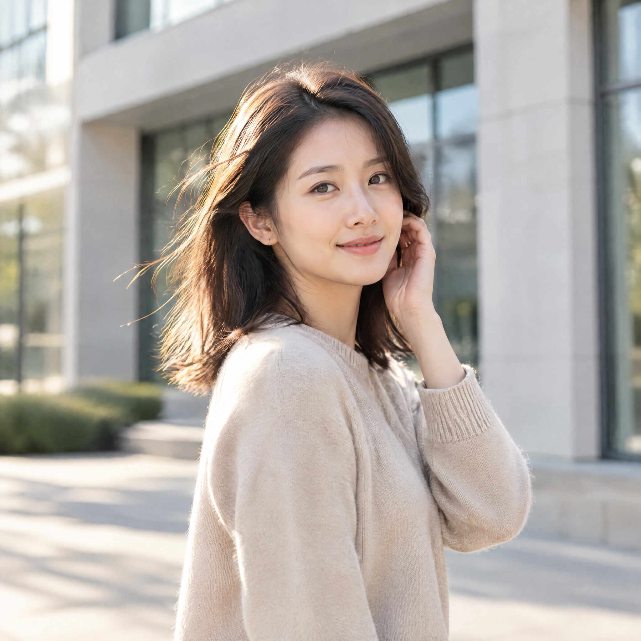一位25-30岁的亚洲女性，穿着干净简约的米色针织衫，表情自然… - 图片创意预览