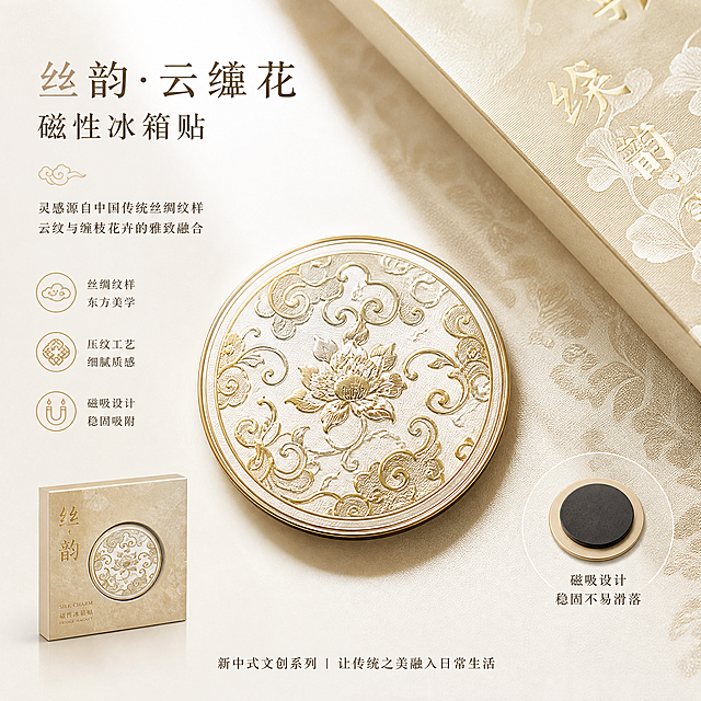一款文创产品磁性冰箱贴设计，融入中国传统丝绸文化元素，采用新中式国风风格，图案提取云纹、缠枝花卉等丝绸纹样，整体色调雅致米金配色，和手机壳风格保持统一，产品展示图