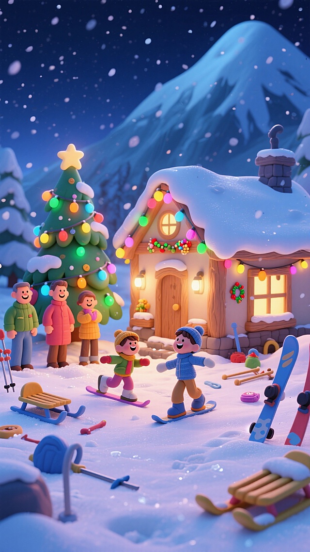 背景是白雪覆盖的乡村小屋，旁边有一棵装饰着彩灯和饰品的松树。雪地中有2个孩子在大闹，周围有大人在看。周围有雪橇、滑雪板等滑雪工具，远处有高山、夜晚背景，大雪飘落。