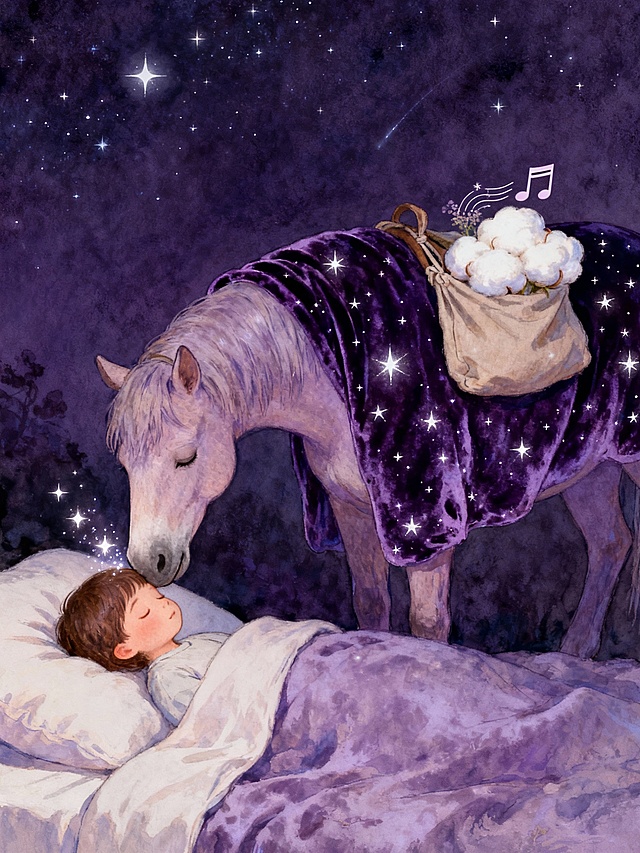 梦幻星空下，拟人化白马轻吻熟睡孩童，水彩插画风营造温馨柔和氛围，超现实主义展现童话梦境。