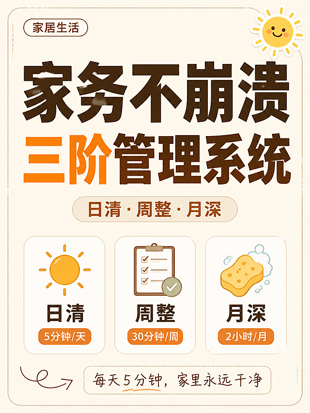 小红书笔记封面，插图大字，日系muji暖色系ins清新风格，版式精美，小红书笔记封面质感，适合信息流点击。主标题必须完整呈现且为画面视觉中心，逐字锁定：「家务不崩溃 三阶管理系统」。主标题字号占画面约55%视觉权重，清晰可读，不得增删改字。副标题：「日清·周整·月深」。装饰短句/角标：「家居生活」「每天5分钟，家里永远干净」。背景：奶油米白暖色系纯色底，带极淡肌理，干净简洁无多余元素。标题排版：扁平粗黑体，深棕与暖橘双色标题字，采用插图大字L01极简插画+大字策略。插画：画面下方三个圆角卡片，分别配太阳、清单、海绵的极简扁平小插画点缀，分别标注「日清 5分钟/天」「周整 30分钟/周」「月深 2小时/月」，插画不抢主标题。装饰：右上角1个小太阳emoji贴纸；左下角1个手绘细箭头；另加细圆角线框装饰，位置克制、不抢主标题。整体氛围：日系muji风、温暖治愈、干净简洁、生活感。画质：高清细腻，信息层级清晰，主标题与背景强对比（浅底深字），文字完整处于安全区内不可裁切，四周留安全边距。画面比例3:4，4K。